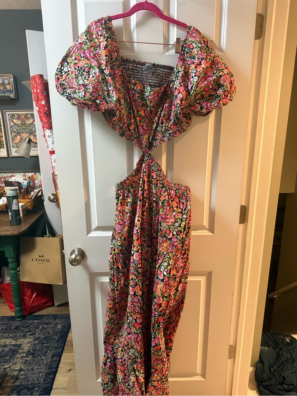 ARULA Pink Multi Floral Puff-Sleeve Cutout Maxi Dress